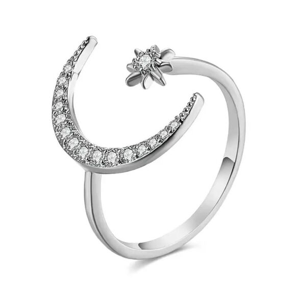 Celestial Crescent Moon Star Silver Tone Crystal Adjustable Ring NWT - Picture 13 of 13